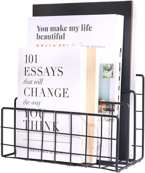 Desk Organizer, 3-Section Vertical Magazine Rack, Metal File Sorter, Document Organizer for Office Desk (Black)