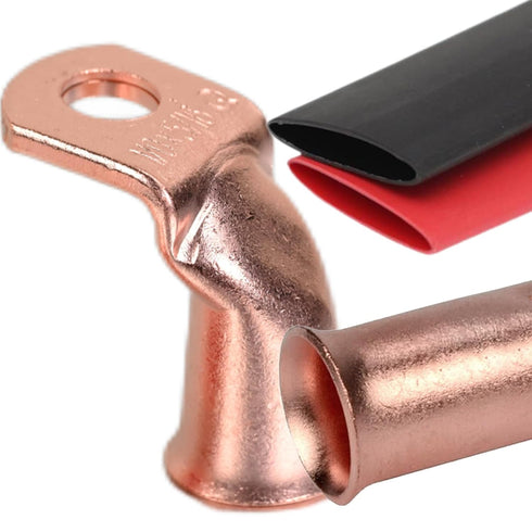 Bare Copper Cable Lugs 10pcs 4 AWG-5/16" 90 Degree Bent Battery Lugs,Heavy Duty Wire Lugs,Ring Terminal,4 Guage terminals,Battery Cable Ends/Terminal Connectors with 10pcs 3:1 Heat Shrink Tubing
