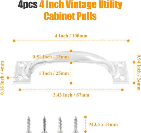 4pcs 4 Inch Vintage Barn Door Pulls Utility Cabinet Handles, Screw in Drawer Pulls Silver Gate Handles