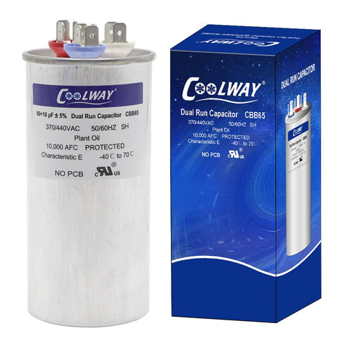 COOLWAY 60/10 uF Dual Run Start AC Capacitor - 370V or 440V for Motor Start or Heat Pump, 60+10 MFD
