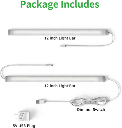 Dimmable Counter 2pcs 12 Inch, 6000K Closet Plug-in Under Cabinet Lighting, Lights for Kitchen, Cold White Linkable USB