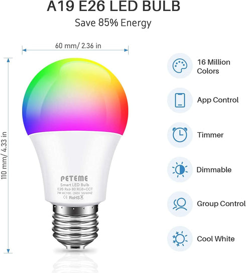Bulbs, Bulbs A19 E26 60W Bulbs 1 Pack Peteme Smart WiFi Light Led RGB Color Changing Compatible with Alexa, Siri,Echo