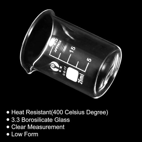 PATIKIL 3Pcs 25ml Low Form Glass Beaker, 3.3 Borosilicate Glass Graduated Measuring Cups with Spout for Kitchen Lab