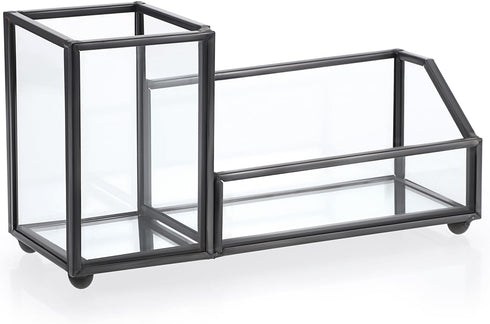 Hipiwe Glass Business Card Holder, Metal Pen Pencil Storage for Desk, Clear Business Card Display Organizer (Black)