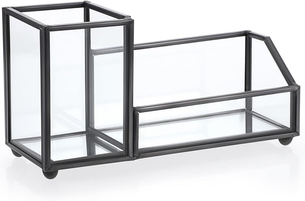 Hipiwe Glass Business Card Holder, Metal Pen Pencil Storage for Desk, Clear Business Card Display Organizer (Black)