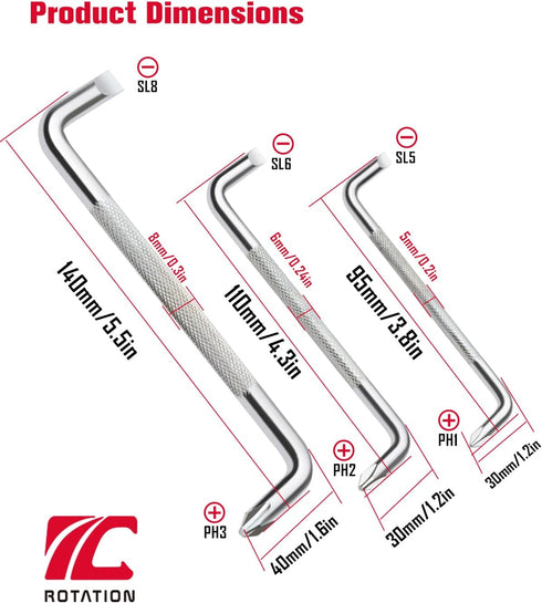 ROTATION 3pcs Offset Screwdriver Set with Magnetic Head, Z-type Screw Drive, Philips and Flathead