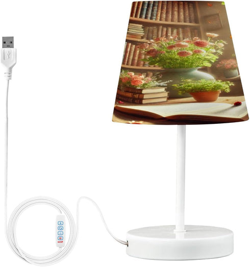 Lotupokon Books Flowers Table Lamp for Bedroom Dimmable Bedside Nightstand Lamp USB Outlet