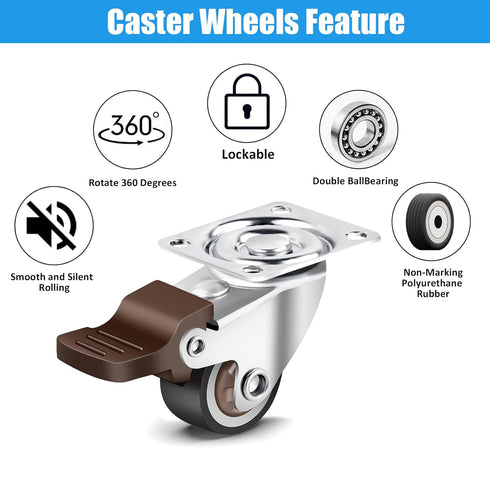 Nefish 4 Pack 1" Small Caster Wheels for Furniture - Low Profile Soft Rubber Casters Swivel Plate Castors Rolling