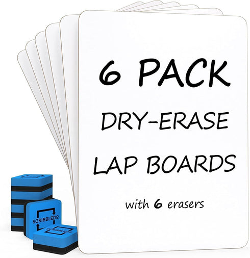 Scribbledo 6 Pack Small White Board Dry Erase Classroom Boards 9"x12” Personal for Students Teachers with 6 Mini