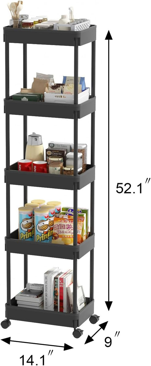 5-Tier Sooyee Plastic Rolling Utility Cart with Wheels, Multi-Functional Storage Trolley for Office, Living Room