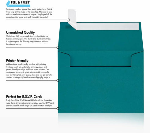 LUXPaper A2 Invitation Envelopes, Peel & Press, 4 3/8" x 5 3/4", Teal, 80lb Text, 50 Qty