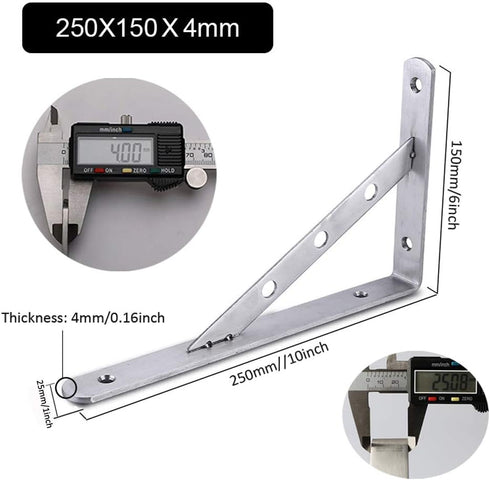 Deezio 10 inch, Pack 4(250x150x4mm) Stainless Steel Solid Shelf Brackets Shelf Support Corner Brace Joint Right Angle