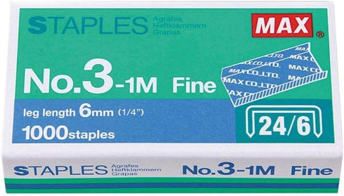 PLESIU MEselected MAX No.3-1M Flat Clinch Staples (24/6) for Office, 4 Boxes (4,000 Staples), Silver