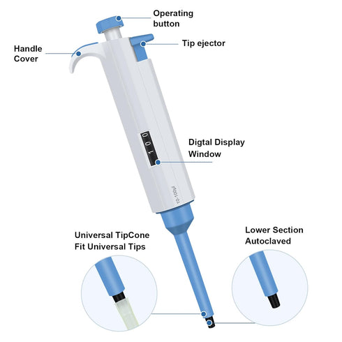 10-100µL Single Channel Pipette, Adjustable Variable Volume Micropipette High Precision Pipettor Lab Micro Pipettes for Laboratory