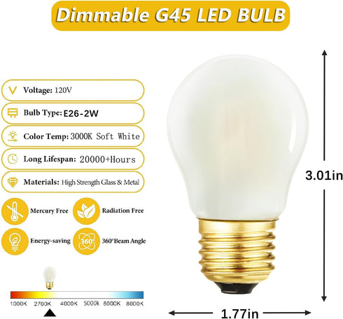 Dimmable E26 Bulb,Frosted Bulb 2W 20W Bulb, 250LM AC120V, G45 3000K Bulb Pendant,Chandeliers,Vanity,6Pack Globe LED