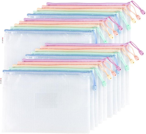 M&G 20 Pack A4 Mesh Zipper Pouch Bags, Waterproof Document Storage with Label Pocket, Macaroon Colors
