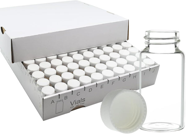 20ml Glass Vials, 24-400 Screw Neck with White Caps, Leakproof, Pack of 100
