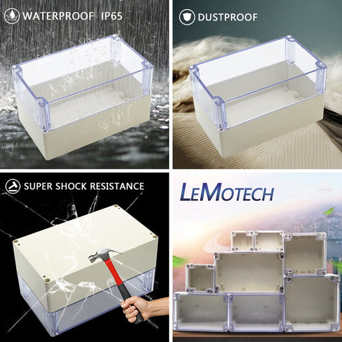 LeMotech IP65 Electrical Enclosure Box, Dustproof Waterproof Junction Box, Grey with Clear Cover, 7.9 x 4.7 x 4.4 inch