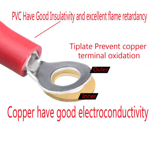 ESUPPORT 100Pcs Red Copper Ring Insulated Terminals Connectors, 16-22 Ga Crimp Wire Electrical Cable Kit Quick Splice M5