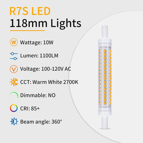 R7S Bulb 118mm 10W (100W 1100 2700K Non-Dimmable, 360 2-Pack I-SHUNFA LED Halogen Equivalent), Lumens, Warm White, Beam