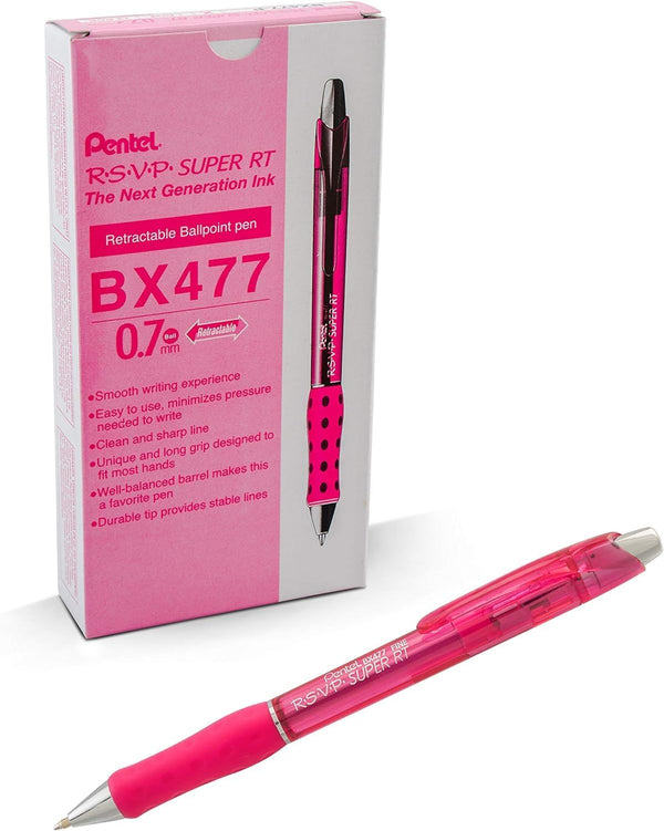 Pentel RSVP Super RT Ballpoint Pen - 0.7mm Fine Line - Pink Ink - Pack of 12