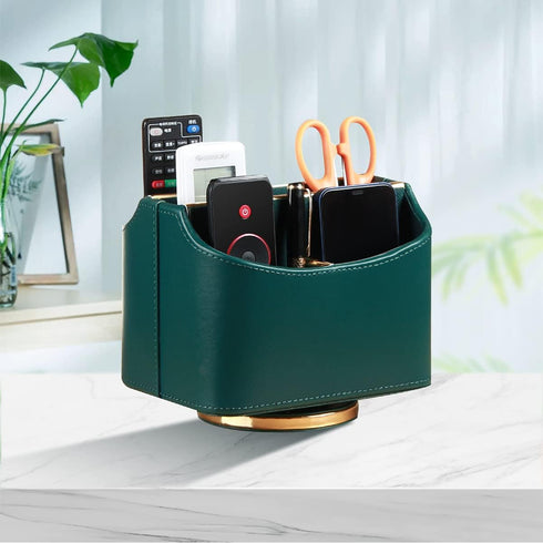 Leather Remote Control Holder for Table, 360 Degree Spinning Caddy, Bedside Desk Organizer for Media, Phone, Glasses