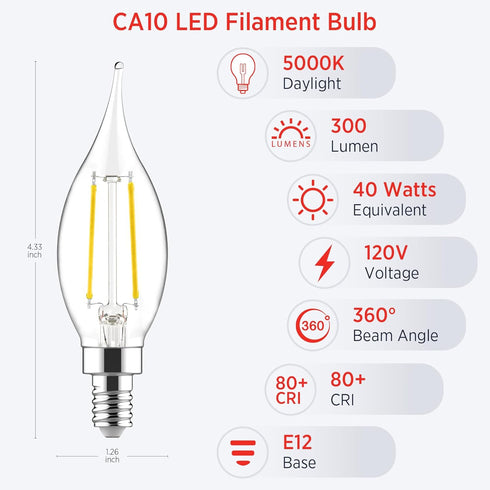 Sengled Bulbs E12 Dimmable, 40W CA10 Bulbs 5000K Bulbs 12 Pack Candelabra Light LED Equivalent Candle Daylight White