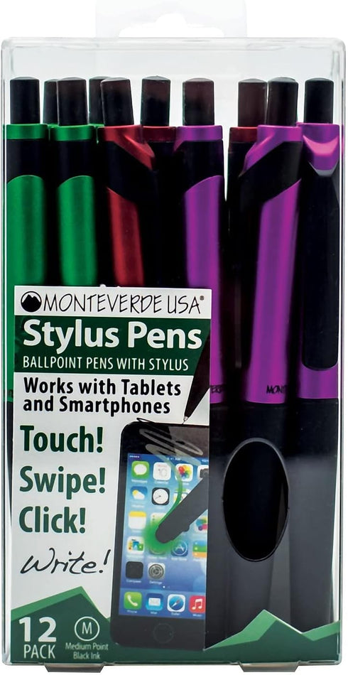 S-106 Click Action One-Touch Ballpoint Pen with Front Stylus, Assorted Colors (12 Pack)