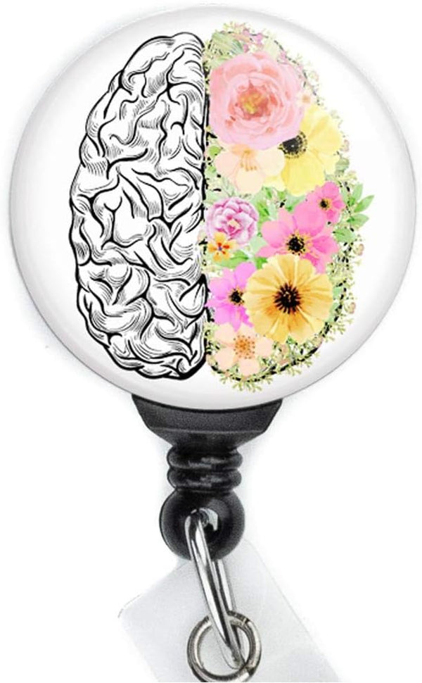 Limeloot Floral Brain Badge Reel for Nurses - Mental Health Neuro Badge Reel with 360 Swing Clip