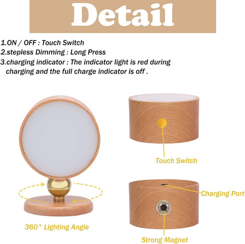 1-Pack 360 Dimmable LANDGOO Wood Wall Sconce, Beech Wood Magnetic Rotatable Cordless Bedside Lamp, Rechargeable & LED