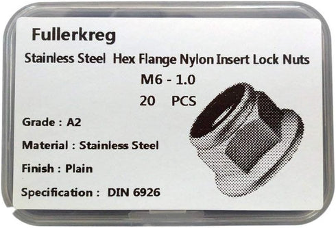 FullerKreg M6 x 1.0 18-8 Stainless Steel Lock Nuts - Pack of 20, Hex Flange Nylon Insert, Bright Finish