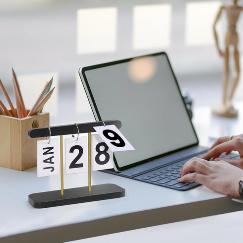 Roucerlin Countdown Wood & Metal Perpetual Flip Calendar, Reusable Wooden Desk Calendar Standing Flip, Daily Desk