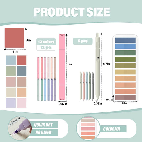 Jutom 38 Pcs Aesthetic Book Annotation Kit, Highlighters, Gel Pens, Sticky Notes, Retro Color
