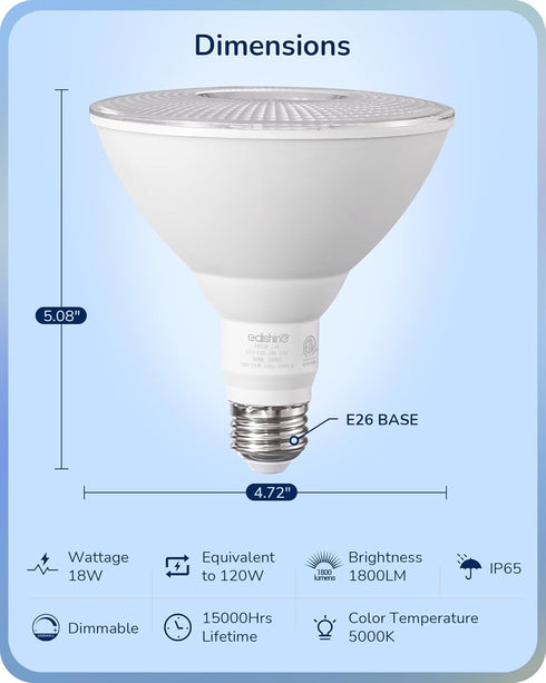 EDISHINE PAR38 LED Outdoor Flood Light Bulb, 2 Pack, 18W (120W Equivalent), Dimmable, Waterproof, E26 Base, 5000K
