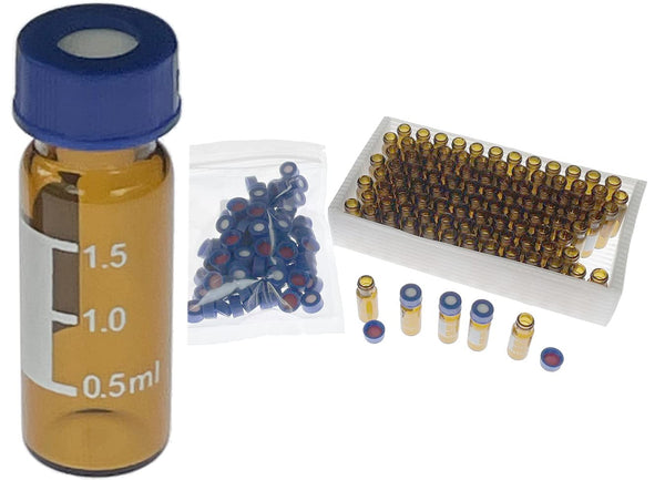 2ml HPLC Vials, Lab Autosampler Vials, Amber with Writing Area, Graduations, Screw Cap, Red PTFE, White Silicone Septa,