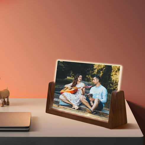 HETOOSHI 5X7inch) Walnut LED Night Light Photo Frame - Illuminated Acrylic Picture Frame with Glowing Wooden Base, USB