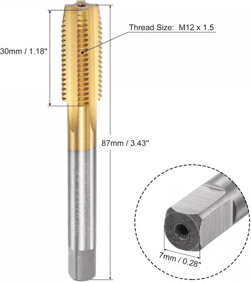 uxcell Straight Flute Taps, M12 x 1.5 Metric Left Hand Titanium Coated M35 Cobalt High Speed Steel Machine Tapping Screw Thread Milling Tap Machinist Repair Threading Tool
