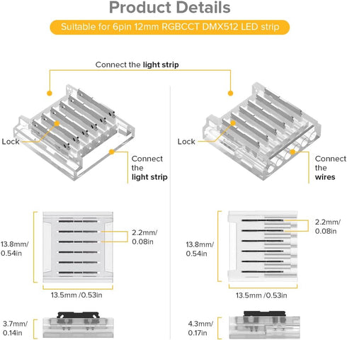 BTF-LIGHTING 6 Pin 12mm Transparent Connector Kit, 8pcs Corner Connector, 4pcs Gapless Solderless, 4pcs 22AWG Wires