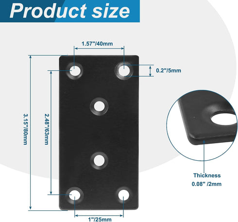 BokWin 6Pcs 80x40x2mm Mending Bracket Plate, Stainless Steel Heavy Duty Flat Corner Brace for Wood, Metal Straight
