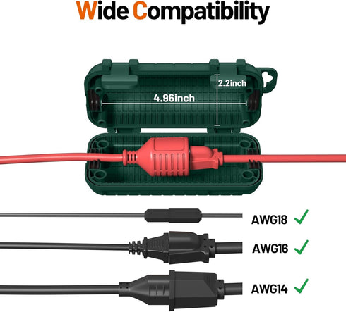 2 Pack Waterproof Extension Cord Cover, Outdoor Cord Connection Protector with 4 Removable Latches, Green