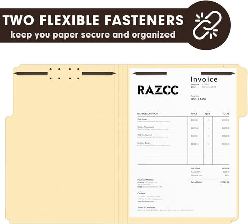 RAZCC 60 Pack Manila Fastener Folders, Letter Size, Reinforced 1/3-Cut Tab, 2 Fasteners for Organizing Medical Files