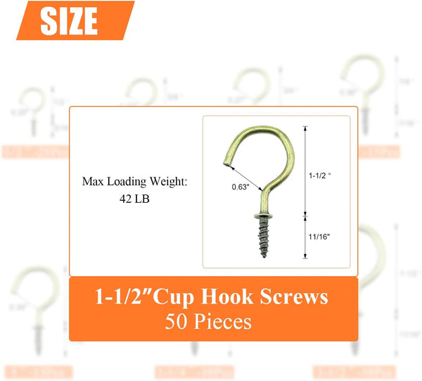 50 Pieces 1-1/2 inch Cup Screw Hooks, Bronze Screw-in Hooks for Ceiling, Hanging, Self-Tapping Screws