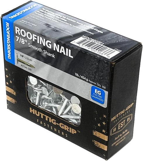 Huttig-Grip Roofing Nail 7/8 inches Smooth Shank, Electro Galvanized Finish, 11 Gauge, 3/8 inches Round Head HGN78EGRF1-1 lb Pack of 300 Nails