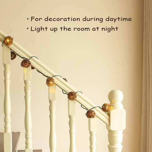 ACRAFT Handmade Dark Brown Rattan Ball String Lights Plug in Fairy Lights for Indoor Outdoor Patio Garden Balcony