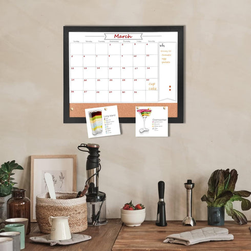 Monthly Calendar Dry Erase White Board & Cork Bulletin Board, 13" x 17" Black Wood Frame, Magnetic Surface
