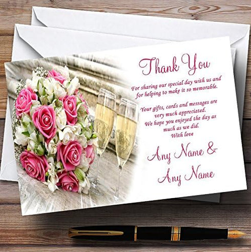 The Card Zoo Pink Roses Pearls Champagne Personalized Wedding Thank You Cards