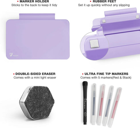 TOWON Small Glass Dry Erase Board, Mini Desk White Board with Easel Pad Set, 8 x 6 Inches, Purple