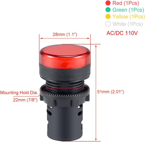 uxcell 4Pcs Red Green Yellow White Indicator Light AC/DC 110V, 22mm Panel Mount, for Electrical Control Panel, HVAC, DIY Projects by uxcell