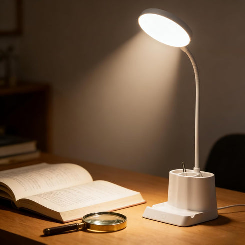 360 Dimmable 12 LED Desk Lamp for Home Office, Rotating Gooseneck Small Table Lamp with USB Charging Port, Eye-Care
