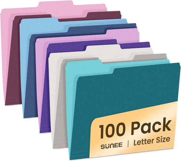 SUNEE 100 Pack File Folders, Letter Size, Vintage Colors, 8.5 x 11 1/3-Cut Tabs for Office Home School